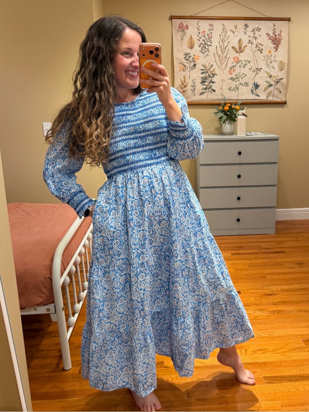 Tuckernuck Pink City Prints Cotton Blue White Floral Smocked Maxi Dress Large